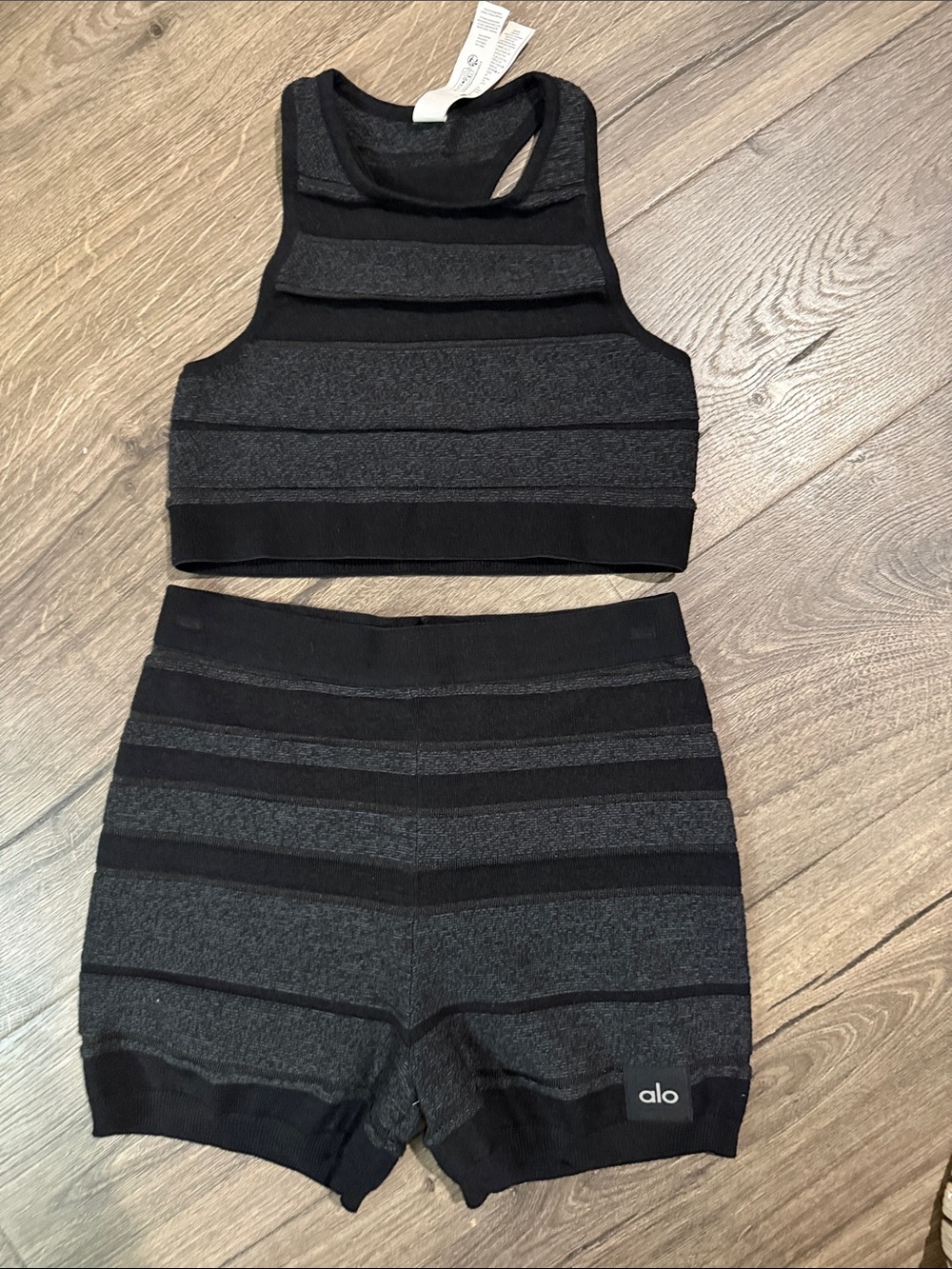 Alo Yoga Seamless Ribbed Set Black Sports Bra + Biker Shorts XS/S